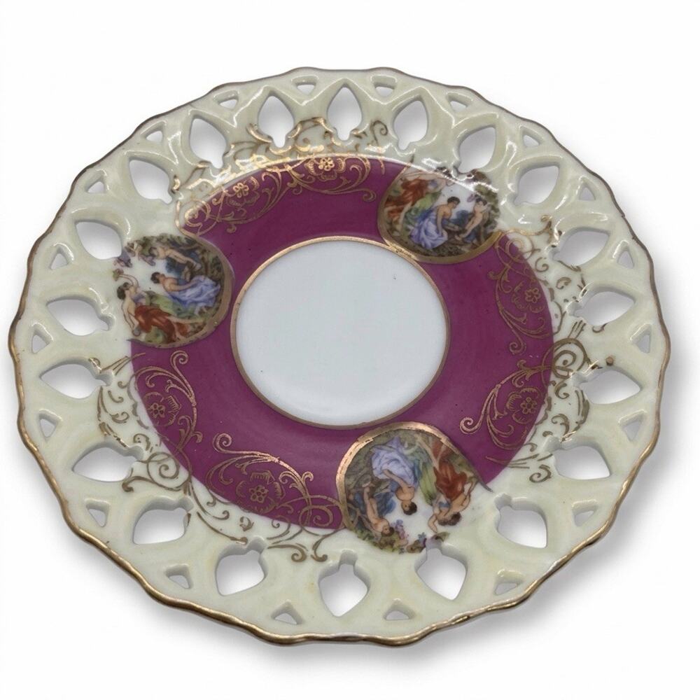 Royal Halsey Very Fine Japan Saucer Reticulated Pink Gold Greek Scene Cherub 50s